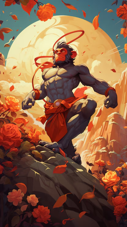 Lord Hanuman seated, representing spiritual stability and strength