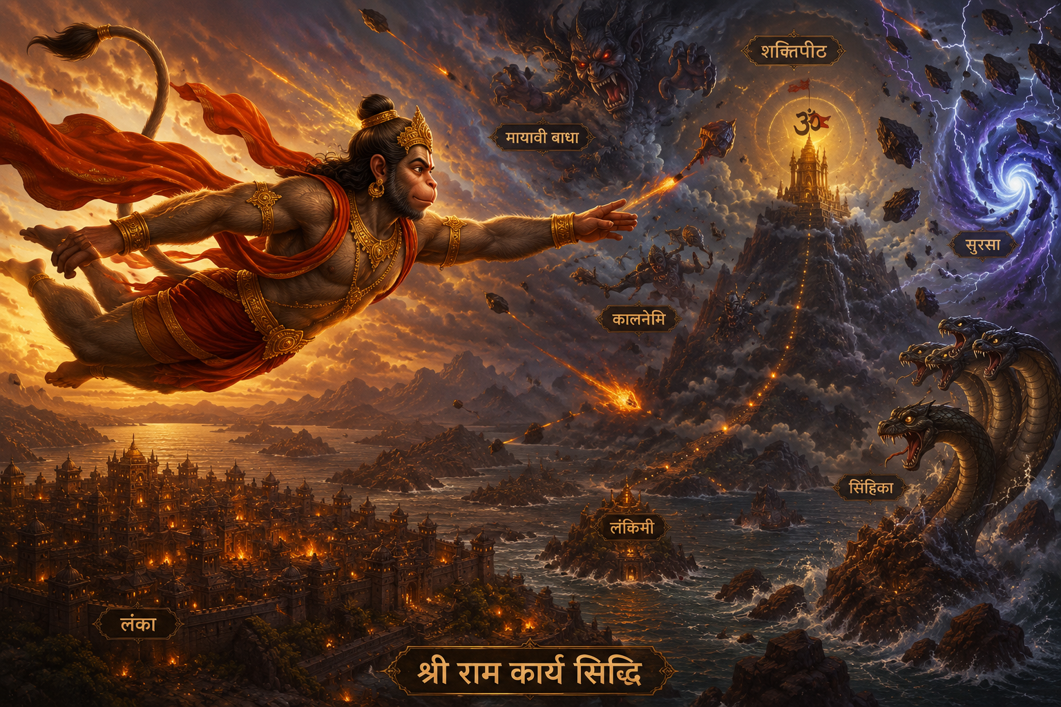 The Ram Naam sacred map — Hanuman Ji flying across the 108 Shaktipeethas and 12 Jyotirlingas